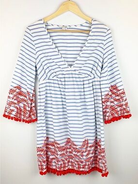 Boden Blue and White Striped Tunic with Red Trim